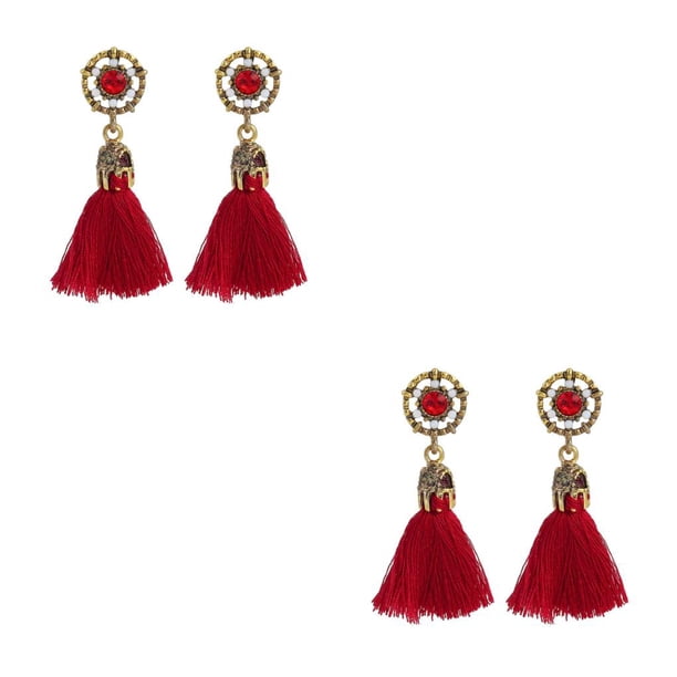 Guardurnaity Pendientes largos de borla Retro barroco palacio oreja anillo Vintage moda Chic geométrico colgante hueco colgantes orejas gotas Rojo 2Conjunto
