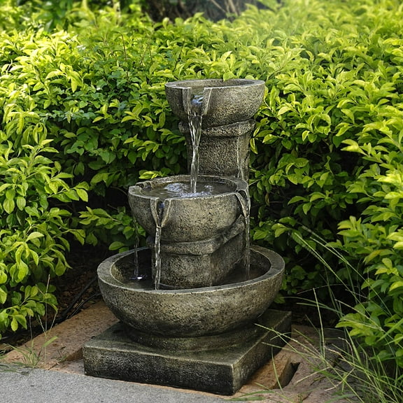 Willwolf 3-Tiered Water Fountain with Flat Bottom,Outdoor Fountain with LED Lights,Modern Fountain for Garden Porch and Patio,Resin Waterfall Fountain