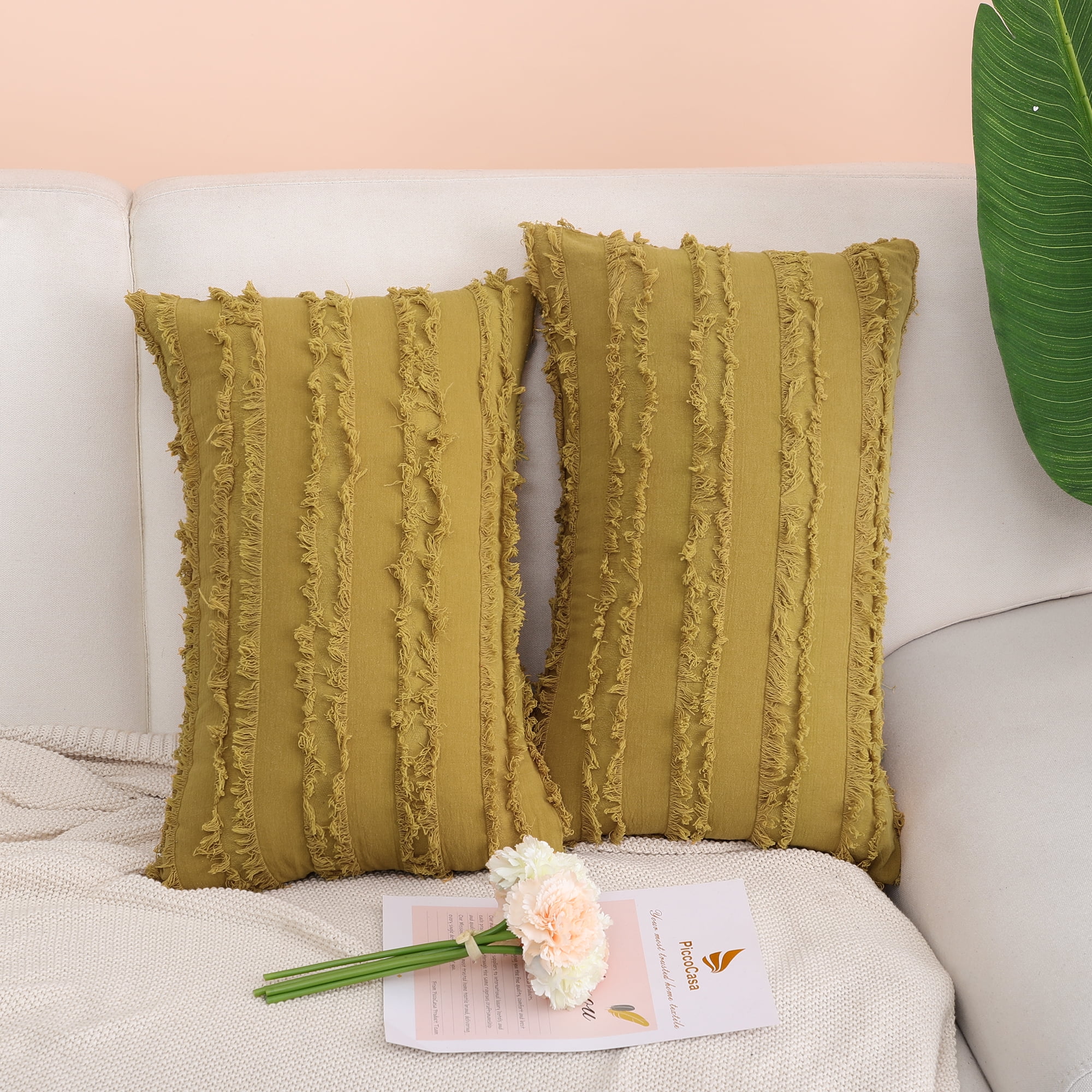 12x20 Inch Beige Bohemia Decorative Striped Cushion Covers for Sofa Bedroom Livingroom Car Seated PiccoCasa 2 Pcs Tassels Cotton Linen Throw Pillow Covers 