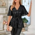 thumbnail image 4 of Tejiojio Women's Sequin Top V-Neck Flared Sleeve Front Tie Sparkly Party Blouse, 4 of 6