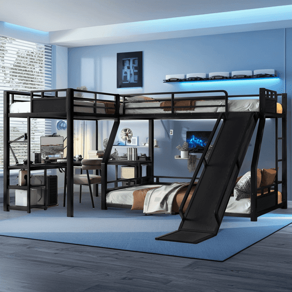 Triple Metal Bunk Bed with Slide, L-Shaped Sleeper Twin XL over Queen with Loft Bed, Desk and Storage Shelves, USB Charging Port, for Bedroom, Black