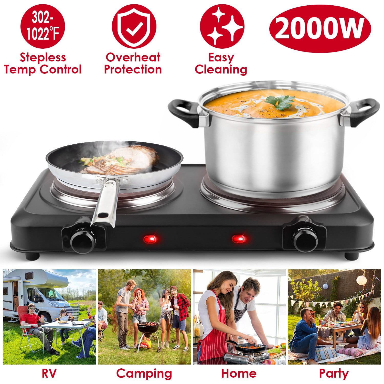Electric Countertop Double Burner TeqHome 2000W Cooktop with 6.3" and 7.5" Glass Hot Plates Portable Temperature Control Cooking Stove for Home RV Camping Easy to Clean Black