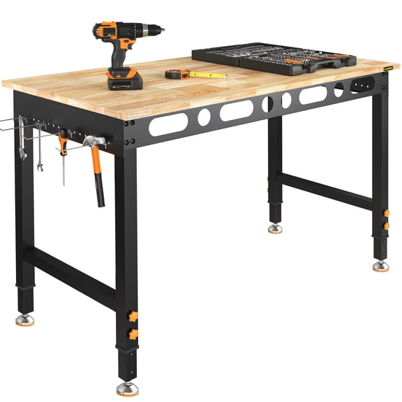 CAMMOO 48" Adjustable Heavy Duty Workbench, 2000 lbs Capacity Solid Rubberwood Top Desk with ETL Power Strip & Tool-Free 6-Height Adjustment for Garage, Workshop, Office