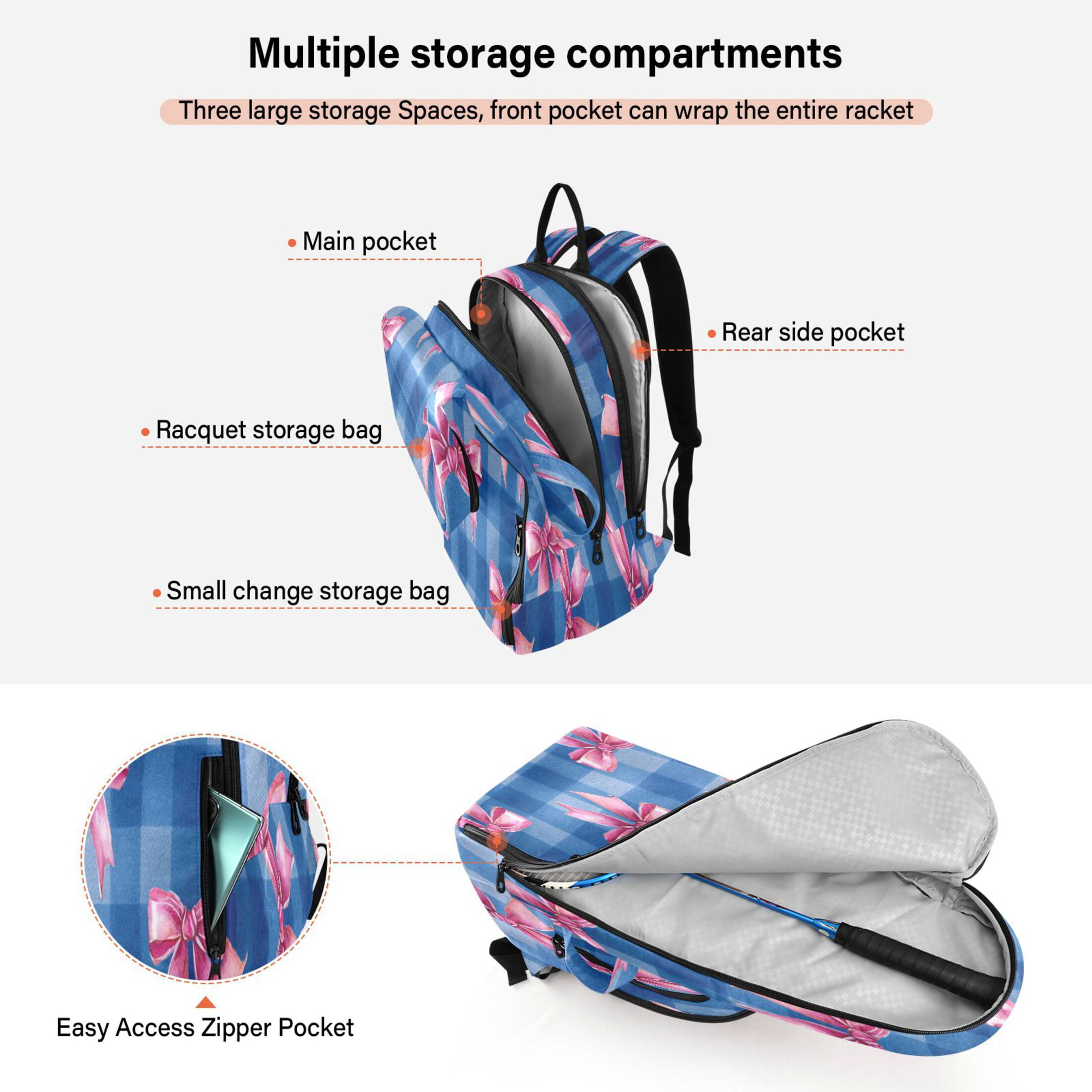 2 Racquet Holder Tennis Backpack Tennis Racket Covers Gym Bags Pink Bows