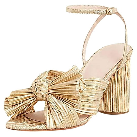 

Women s Fashion Sandals Thick Heel Bow Silk Sandals Retro Buckle Shoes