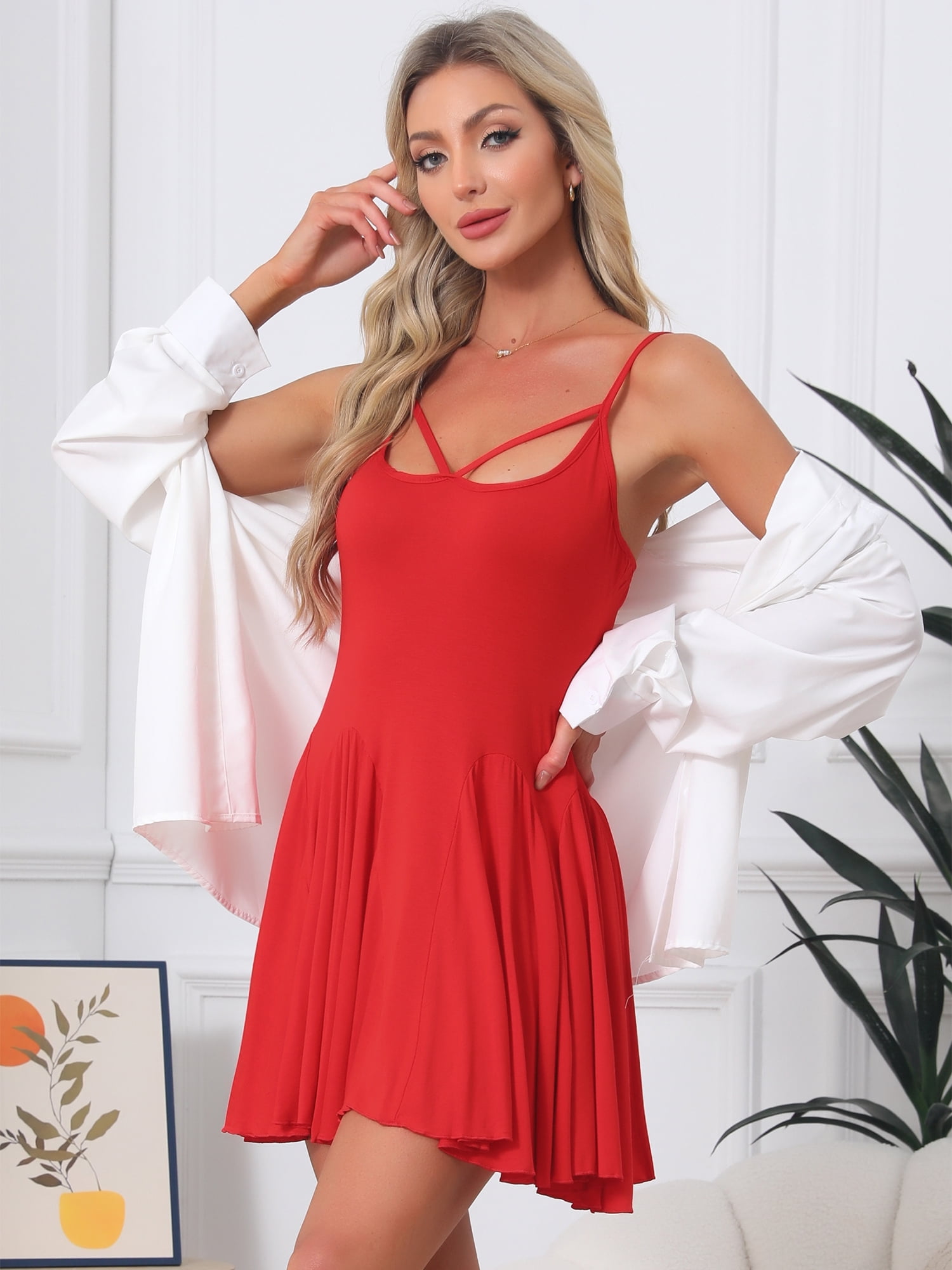 DARING DIVA Women's Nightgown Ruffle Spaghetti Strap Babydoll Chemise Dress M Red
