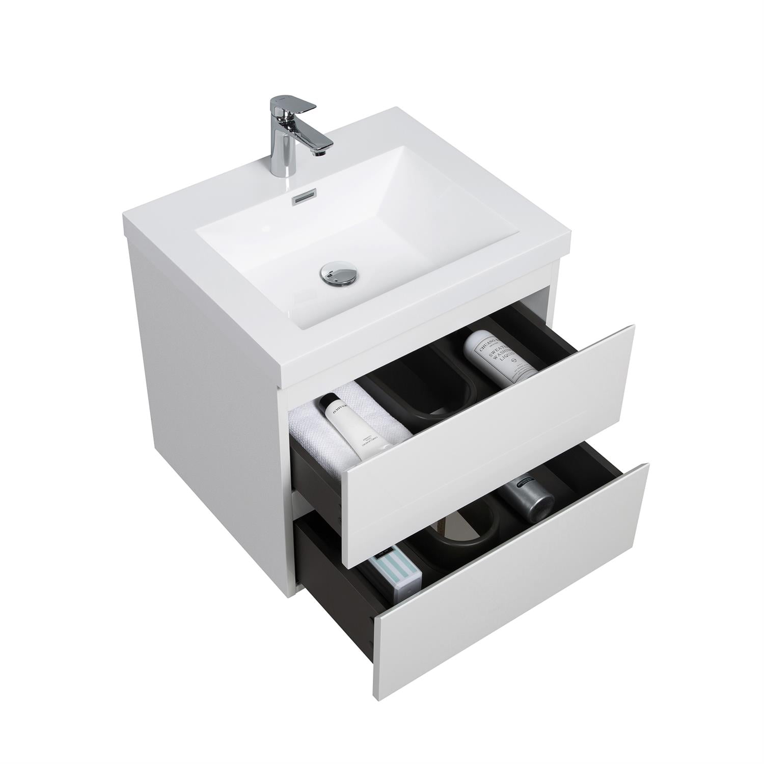 Demi Bonn 24" Floating Bathroom Vanity with Sink, Resin Top Basin and 2 Soft Close Drawers, Faucets and Drains Not Included, White