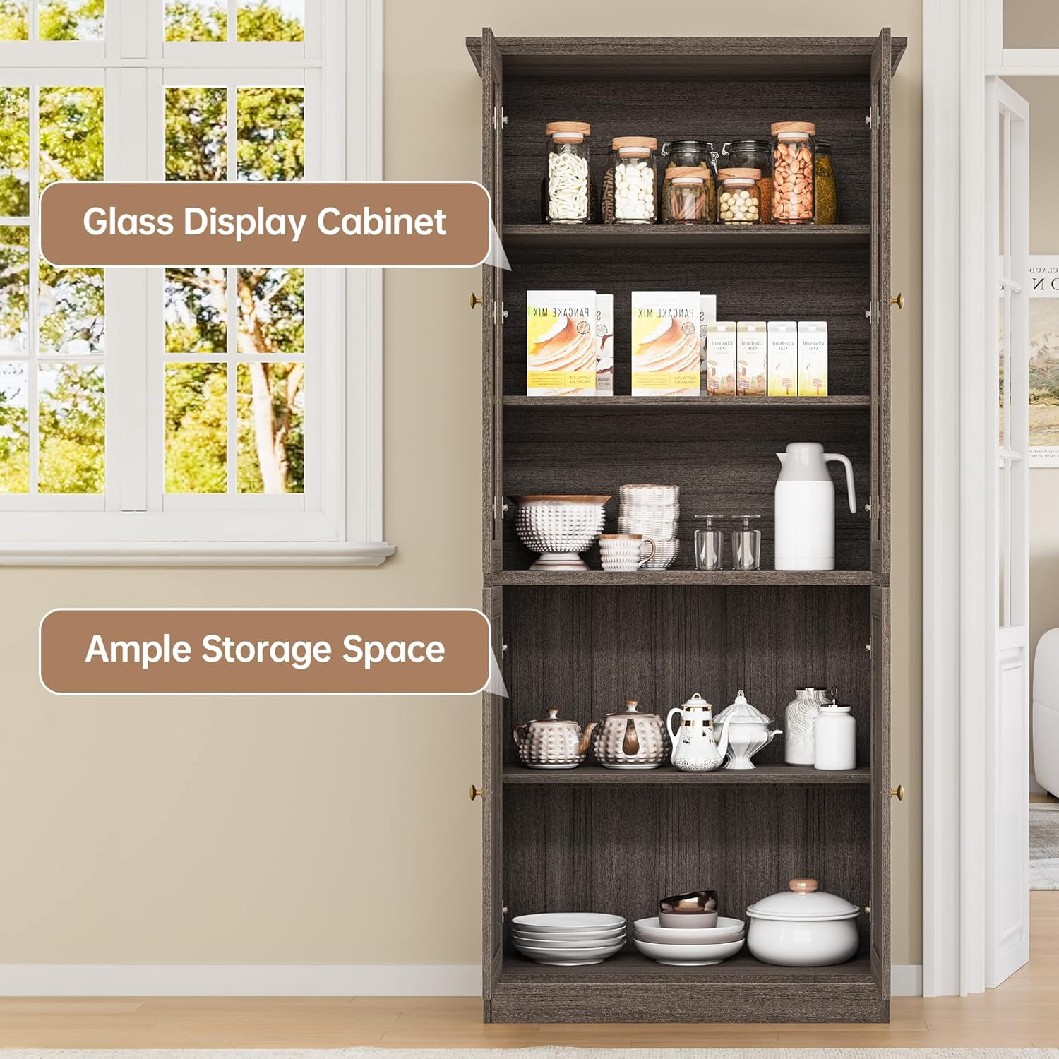 SELOOYE Modern Pantry Cabinet, 71-inch Tall Glass Display with Wood Doors, Adjustable Shelves, Grey