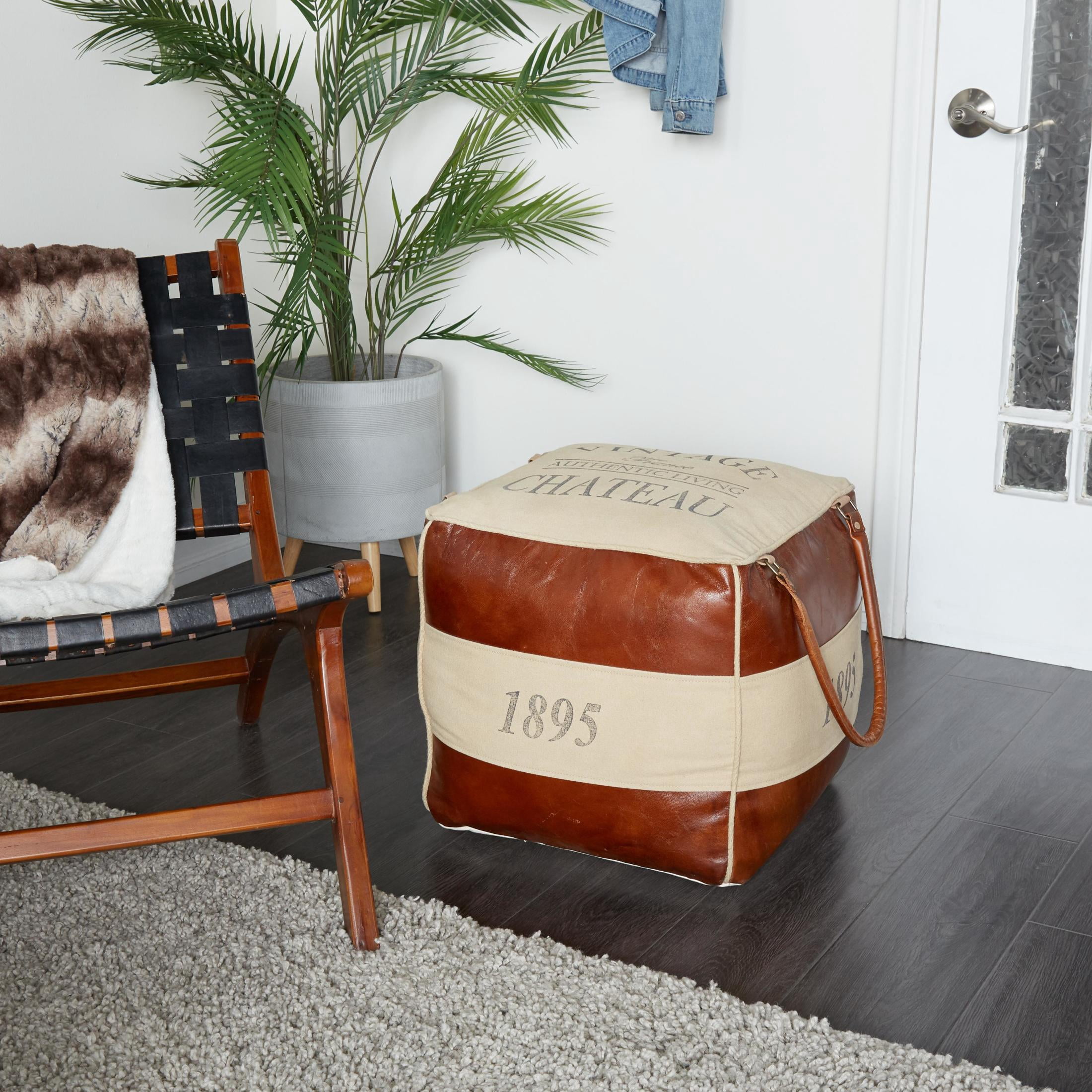 DecMode Stripes Brown Canvas Text Pouf with Leather Accents