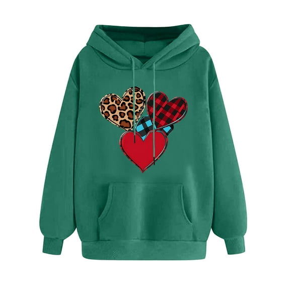 Goodeals Online Deals,Women's Leopard Heart Print Hooded Valentine's Long Sleeve Pullover Tops Oversized Love Plaid Sweatshirt Teacher Shirt(Army Green,M)