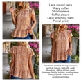 thumbnail image 5 of Floral Pattern Tee Round Neck Pleated Collar Short Ruffle Sleeve Casual Stylish T Shirt Orange L, 5 of 6