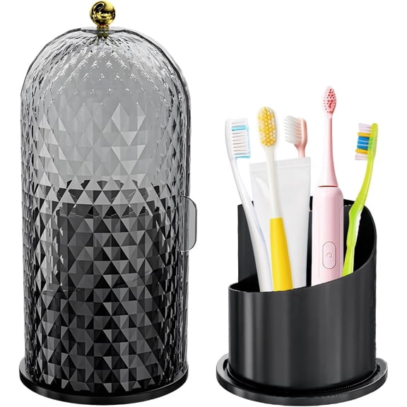 Multifunctional Rotating Toothbrush Holders with Sliding Lid, The 3-Slot Bathroom Countertop Vanity Organizer Perfect for Tooth Brush, Toothpaste, and Makeup Brushes Holder Storage (Black)