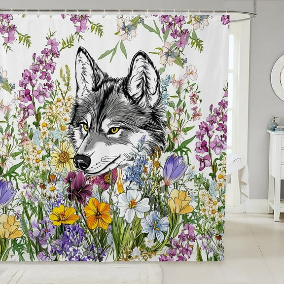 Erosebridal Kawaii Wolf Shower Curtain 72x72, Groovy Daisy Flower Bath Curtain, Cute Animal Decor, Waterproof