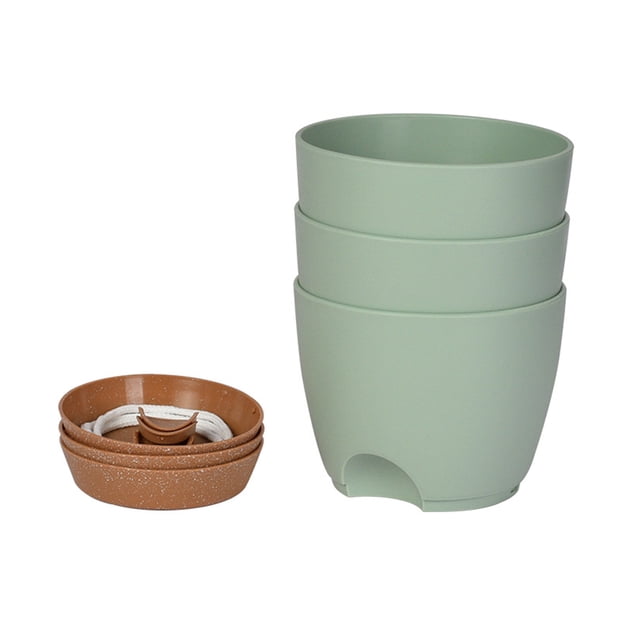Green Pot With Brown Holder 7.5 Inches, 3 Pack Self-absorbing Flower Pot
