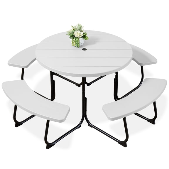 Best Choice Products 8-Person Circular Outdoor Picnic Table w/ 4 Benches, Umbrella Hole, 2000lb Capacity - White