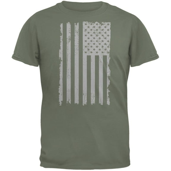 Distressed Grey Vertical American Flag Military Green Adult T-Shirt - 2X-Large