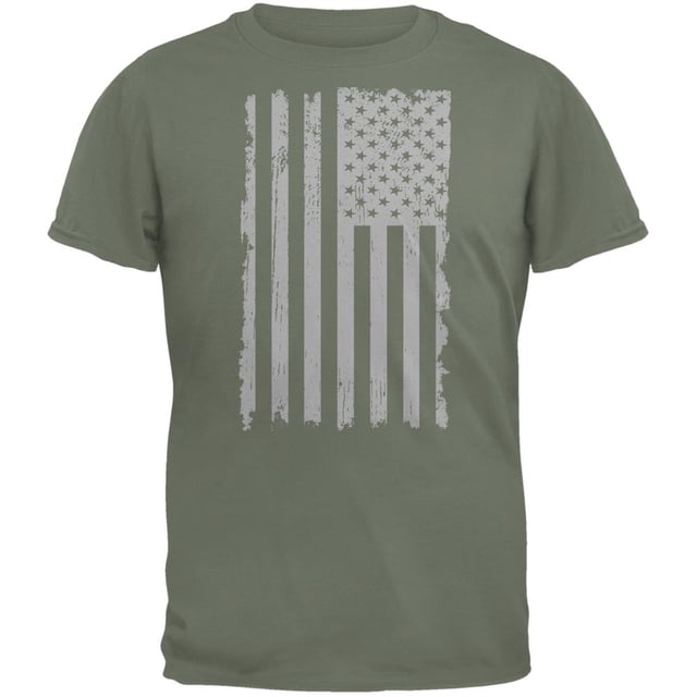 Distressed Grey Vertical American Flag Military Green Adult T-Shirt