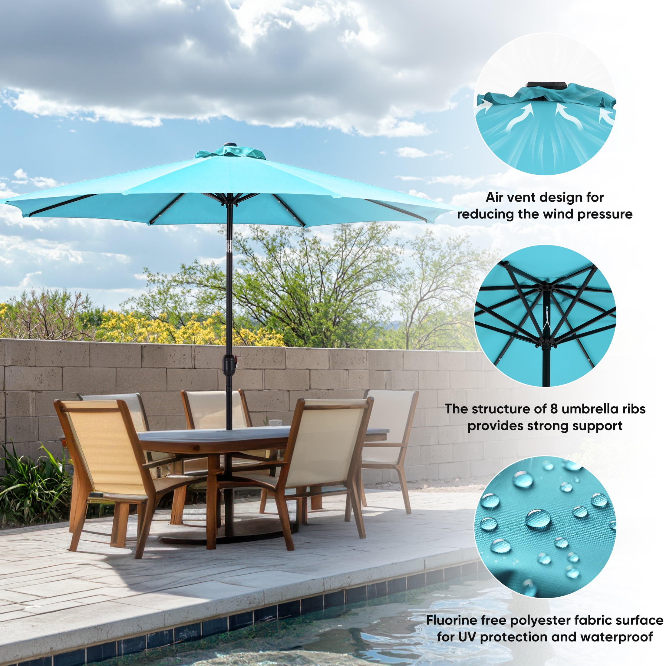 EDX 10ft Solar Patio Umbrella, 32 LED Lights, Durable Khaki Fabric, Tilt  Adjustment - Walmart.com