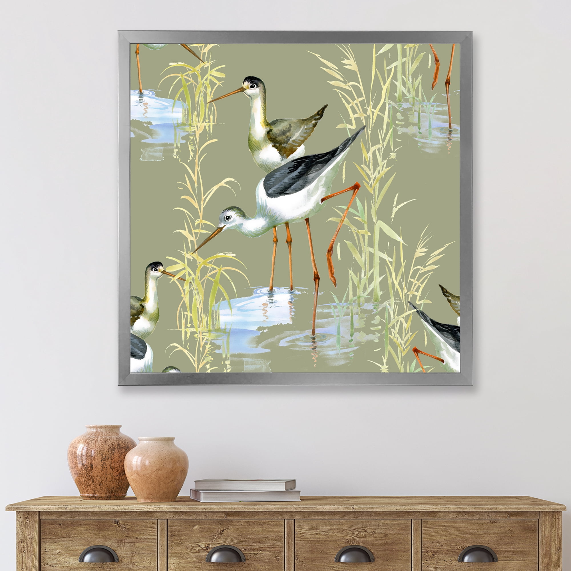 Designart 'Herons Birds In The Gray Water' Farmhouse Framed Art Print