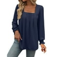 thumbnail image 3 of Womens Puff Long Sleeve Tops Square Neck Shirts Pleated Solid Color Blouses Summer Loose Casual Basic Tee (Navy L), 3 of 6
