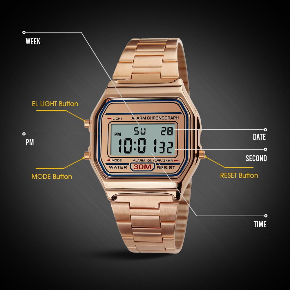 Classic Women's Digital Multifunction Sports Watch Stainless Steel Band Square Waterproof Electronic Led Watch