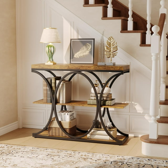 AKDSteel 39-Inch Narrow Console Table, 4-Tier Farmhouse Entryway Table with Wood Shelves & Metal Geometric Frame for Behind Couch or Hallway