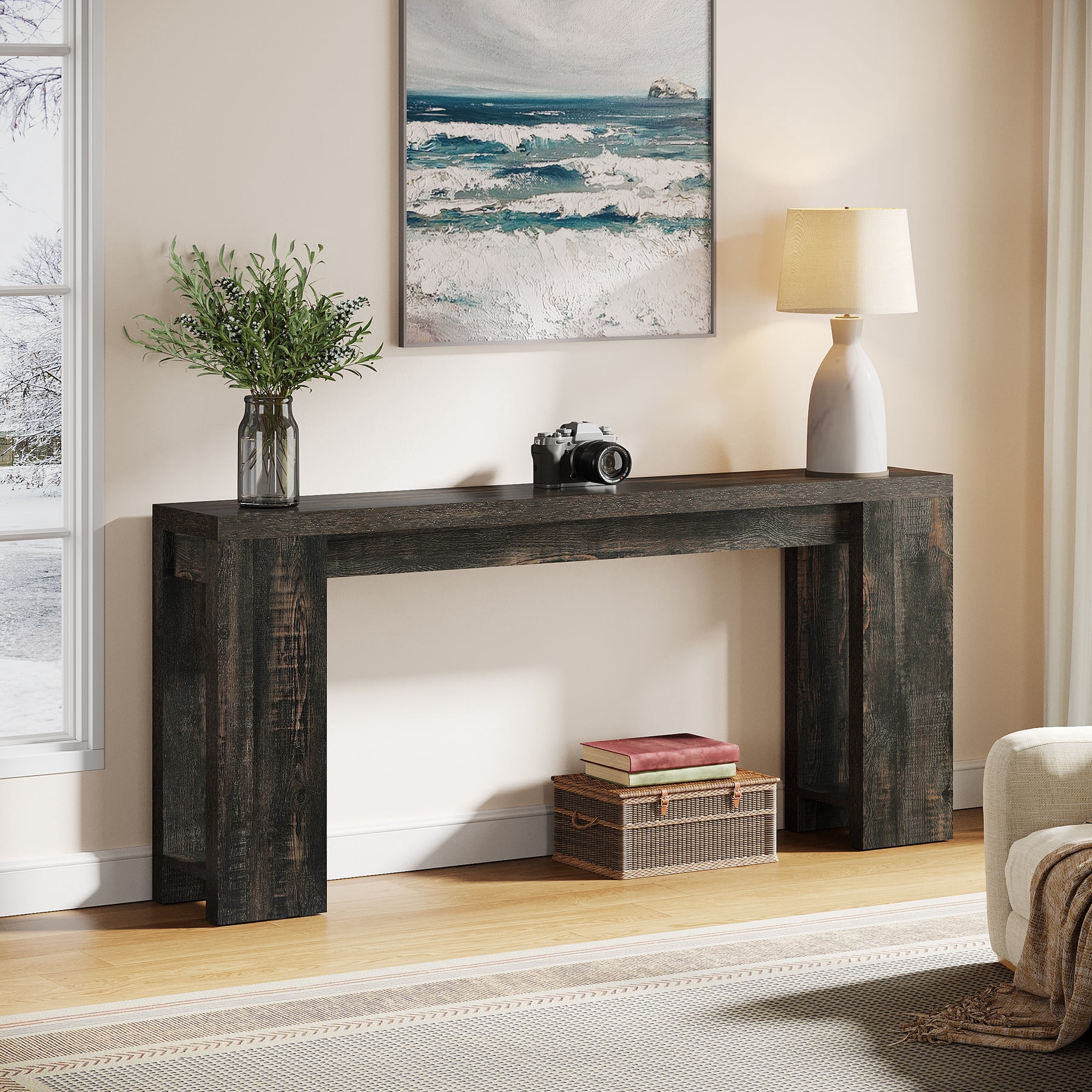 Finmind 71" Long Console Table, Narrow Black Entryway Table Wood Sofa Table