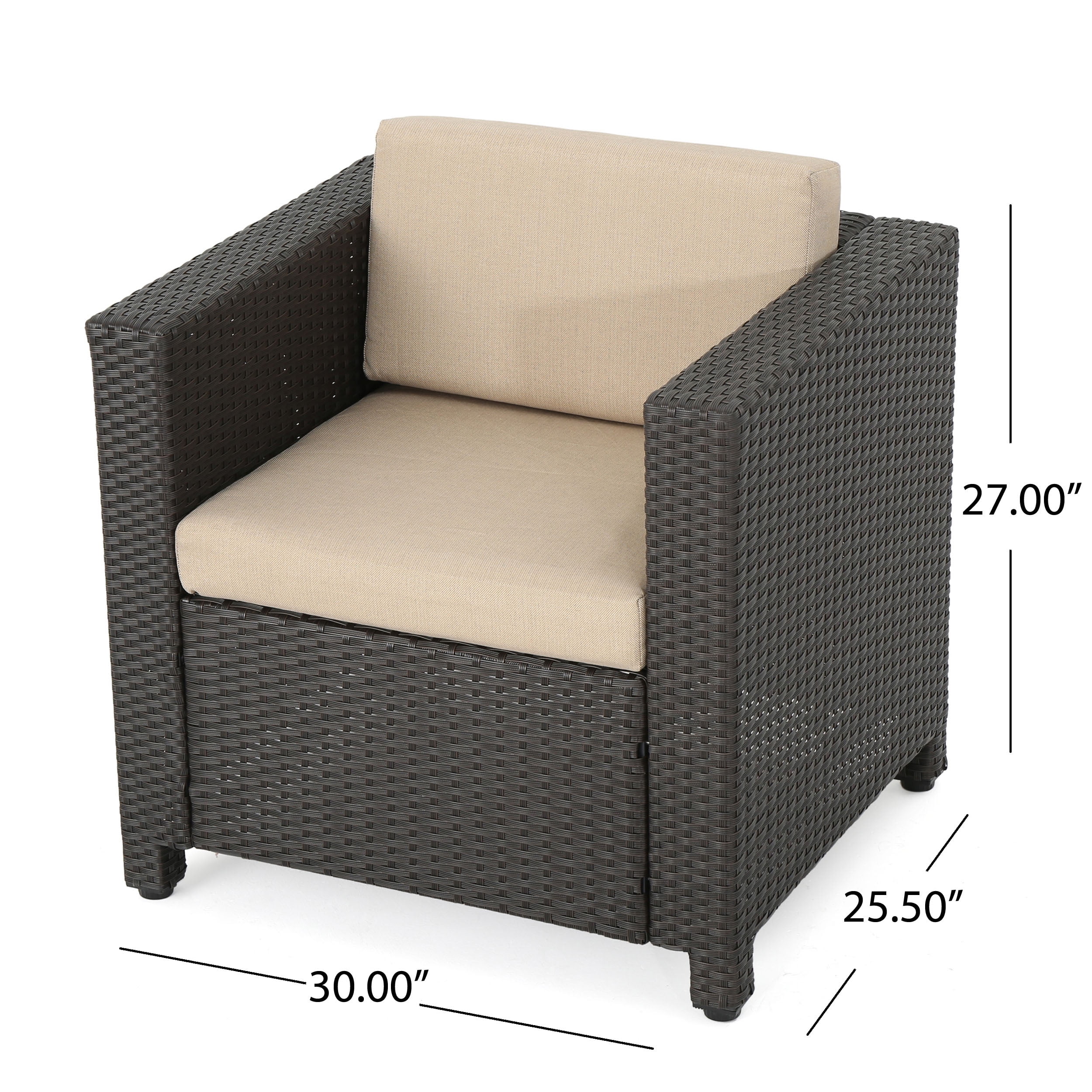 Franklin Outdoor 5 Piece Wicker Club Chair Set with cushions and Square Fire Pit, Dark Brown, Beige, Light Gray