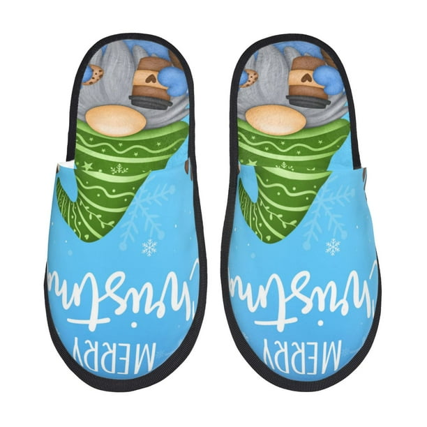Balery Merry Christmas Gnome Pantuflas de Casa de Felpa Silenciosas con Diseño Estampado, Zapatillas Cómodas Antideslizantes de Algodón para Interior-Medium