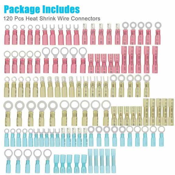 120pcs Heat Shrink Wire Connectors Electrical 10-22 AWG Ring Spade Crimp Terminals