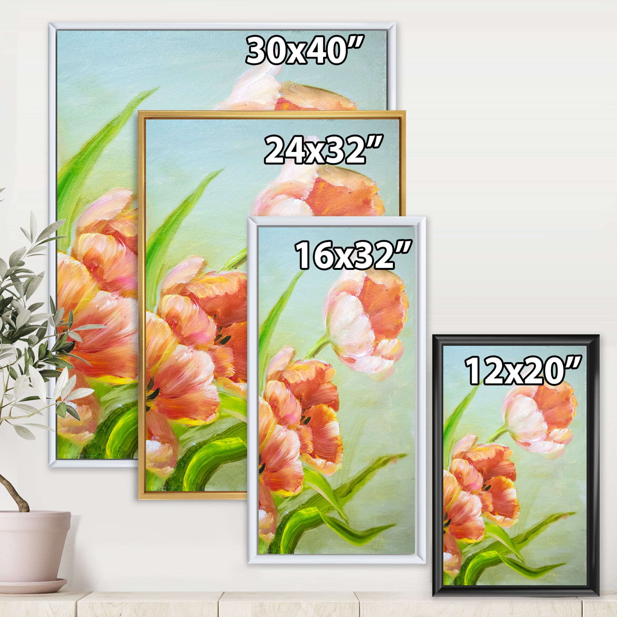 Designart 'Ancient Red Tulips Flowers I' Traditional Framed Canvas Wall Art Print