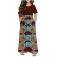 thumbnail image 2 of Riecok Girls Retro Print Short Sleeve Summer Casual Long Dress for Tween Big Kids (4-14 Years) Round Neck with Pockets Comfortable Outfit Brown 5 Years, 2 of 5
