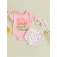 thumbnail image 2 of Suealasg Infant Baby Girls Easter 3Pcs Clothes Sets 3M 6M 12M 18M Short Sleeve Letters Print Romper +Egg Print Shorts +Headband Newborn Girls Summer Casual Outfits, 2 of 9