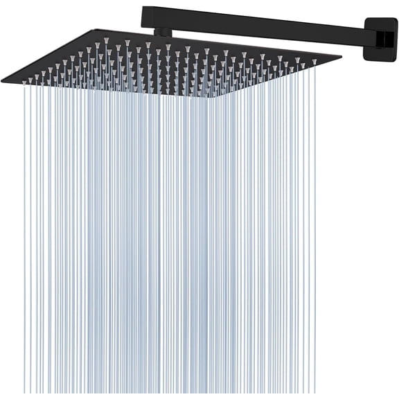 All Metal Shower Head with Extension Arm, Stainless Steel Waterfall Rainfall Showerheads, High Flow Bathroom Square Rain Shower Head (12’’ Shower Head with 16’’ Shower Arm, Black)