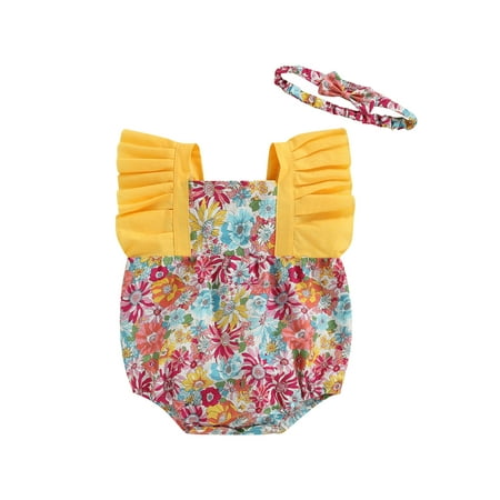 

aturustex Infant Baby Girls Cute Rompers Floral Print Patchwork Ruffles Sleeveless Jumpsuit Summer Bodysuit with Headband