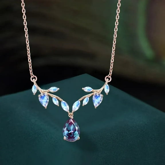 Color Change Alexandrite Moonstone Bridal Necklace- 14K Rose Gold Vermeil-Teardrop Cut Nature Inspired Marquise Leaf Twig Branch Pendant Wedding June Birthstone