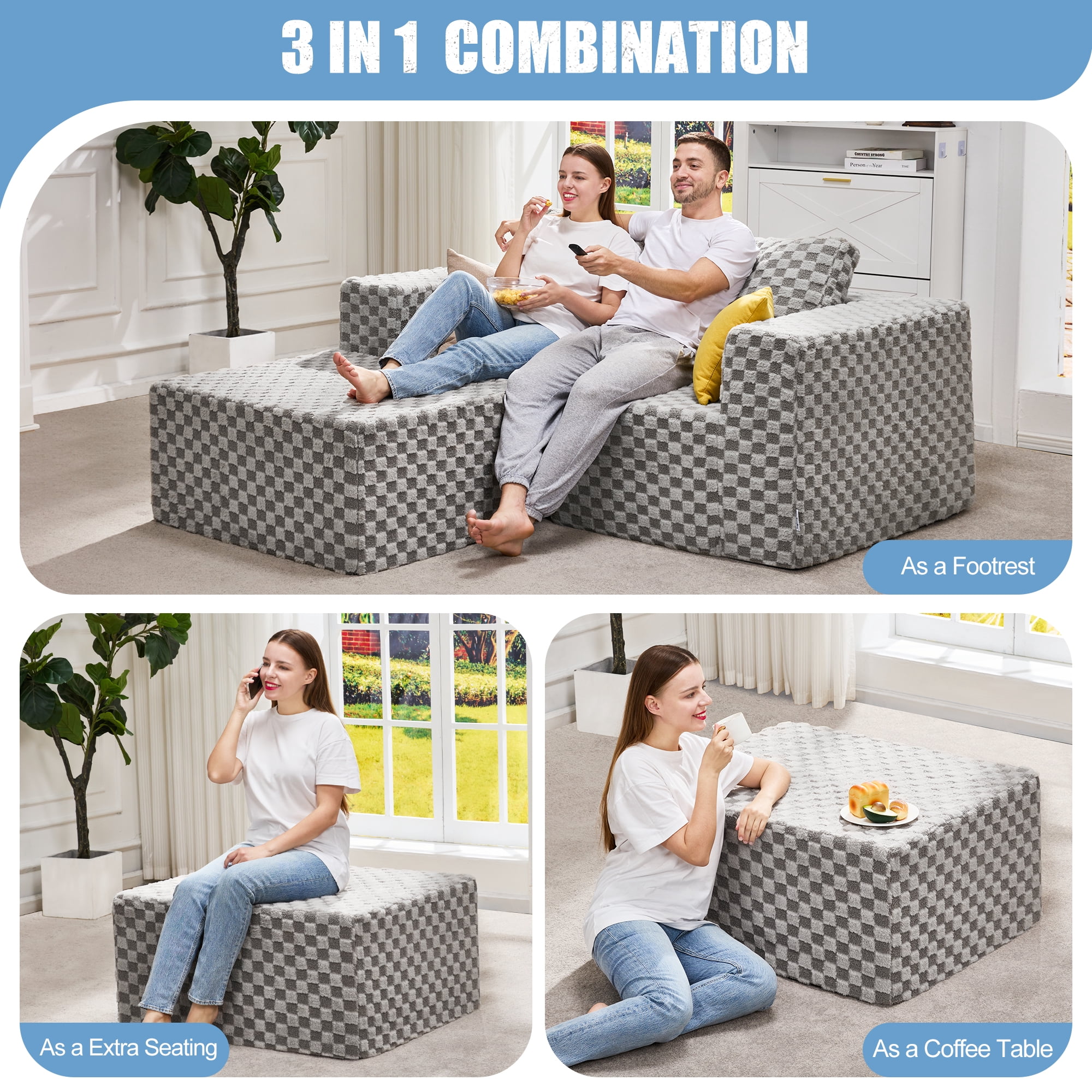 Hobestluk Rectangle Ottoman Memory Foam Footrest for Couch with Removable Cover Large Floor Seating for Adults Ottoman Coffee Table for Living Room, Bedroom or Office (PLUSH GREY, Footrest)