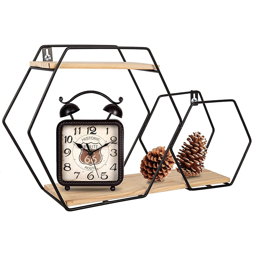 Hexagon Floating Shelves Cute Black Shelves Wall Mounted Shelves with Metal Bracket