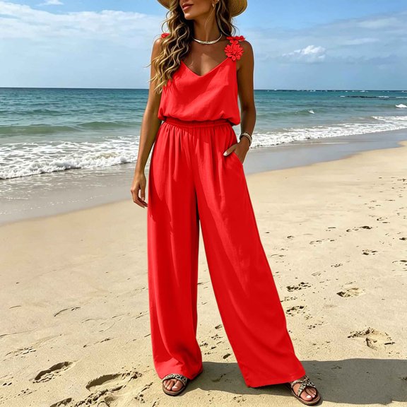 Gamviast Women's Jumpsuit V Neck Sleeveless Wide Leg Romper with Pockets Lightweight Loose Fit Casual Vacation Resort Travel Party Evening Outfits Red XL