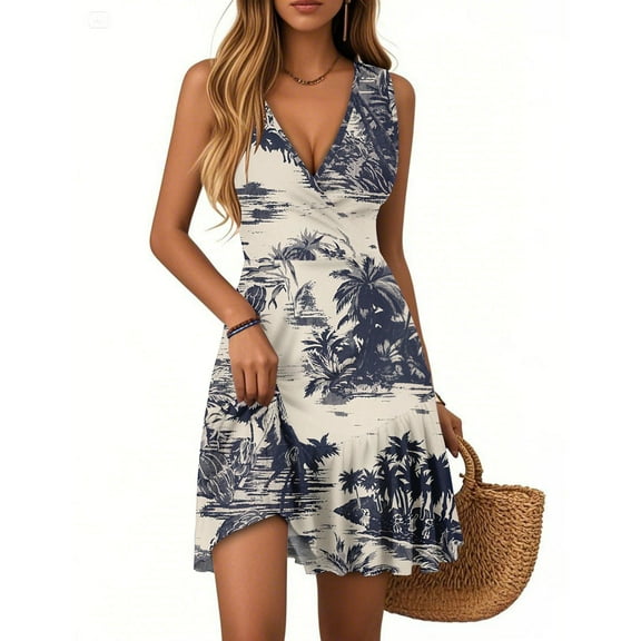 WTOBBY Women's Summer Dress with V-Neck Sleeveless Casual Hawaiian Print and Hem Pleated Detail, Tropical Style for Beach Vacations, Lightweight and Comfortable for Everyday Wear,Beige L