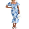 thumbnail image 3 of Femmes Été Manches Courtes Floral Wrap Froncé Ourlet Plissé Swing Midi Robe de Soleil, 3 of 8