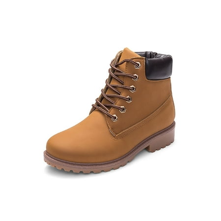 

Welliumy Ladies Combat Boot Lug Sole Ankle Booties Casual Winter Boots Outdoor Short Bootie Work Slip Resistant Plush Lined Shoes Yellow With Lined 7.5