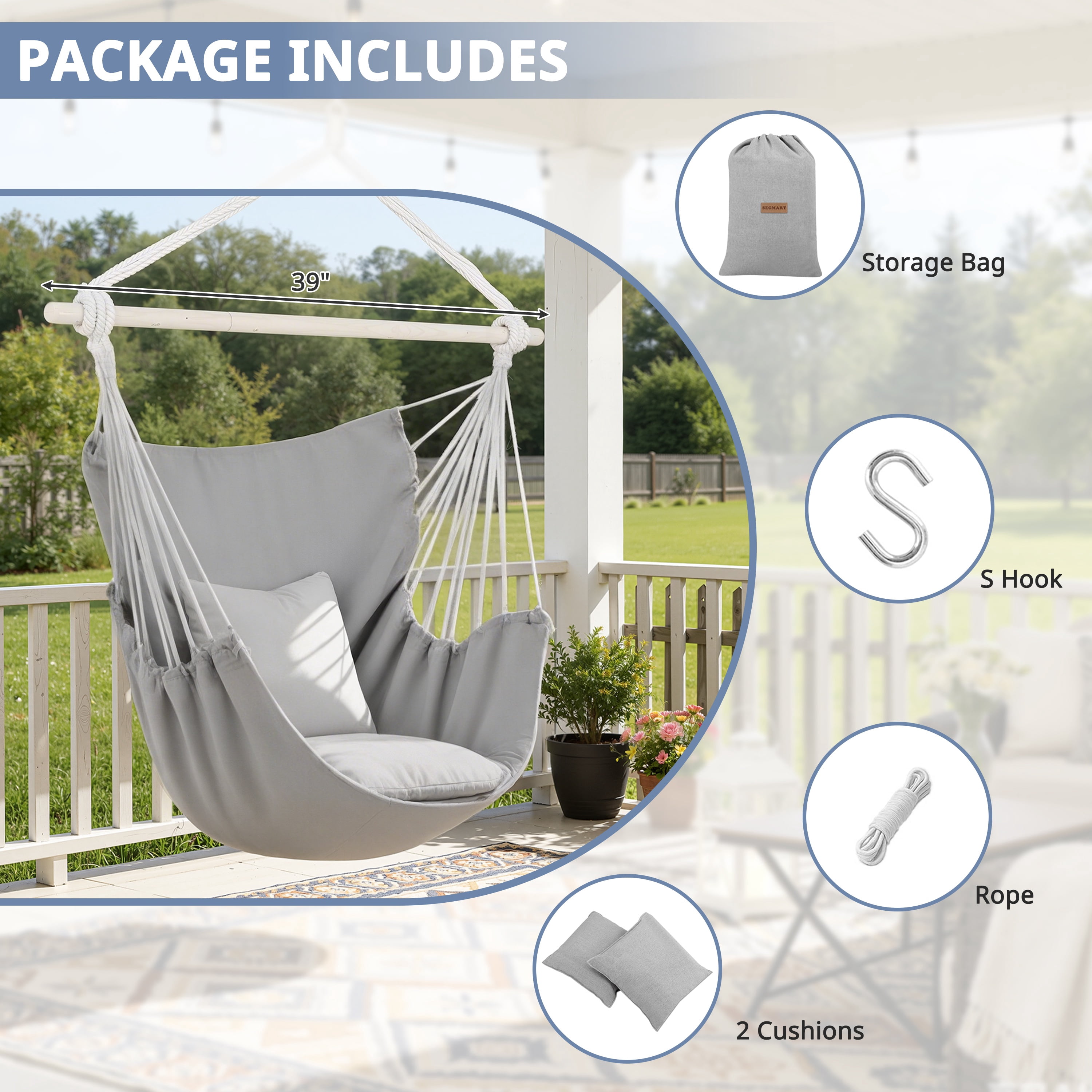 Large Hammock Chair Swing, Relax Hanging Rope Swing Chair with Detachable Metal Support Bar & Two Seat Cushions, Cotton Hammock Chair Swing Seat for Yard Bedroom Patio Porch Indoor Outdoor