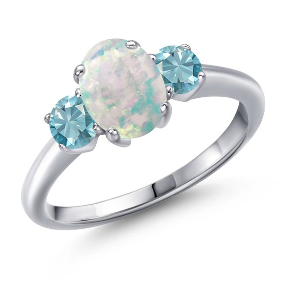 Gem Stone King 2.00 Ct Oval Cabochon White Simulated Opal Blue Zircon 925 Sterling Silver Ring (Size 7)