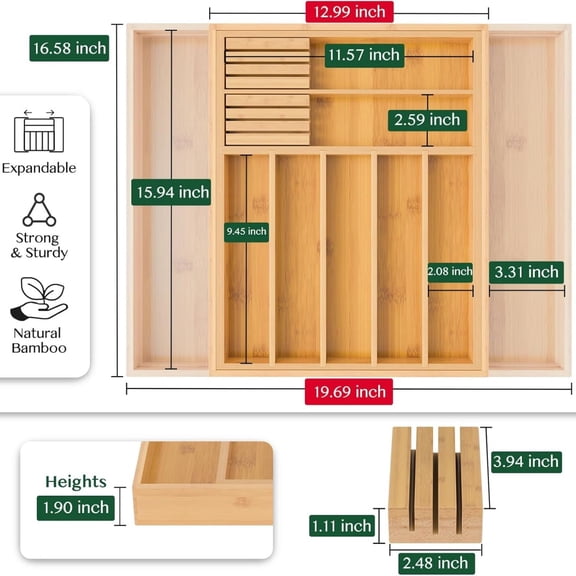 Bamboo Expandable Drawer Organizer for Kitchen Utensils, Adjustable Silverware Tray with 9 Deep Slots for Large Spoons & Knives, Natural Wood Flatware Caddy for Cutlery Storage (Fits 13"-20")