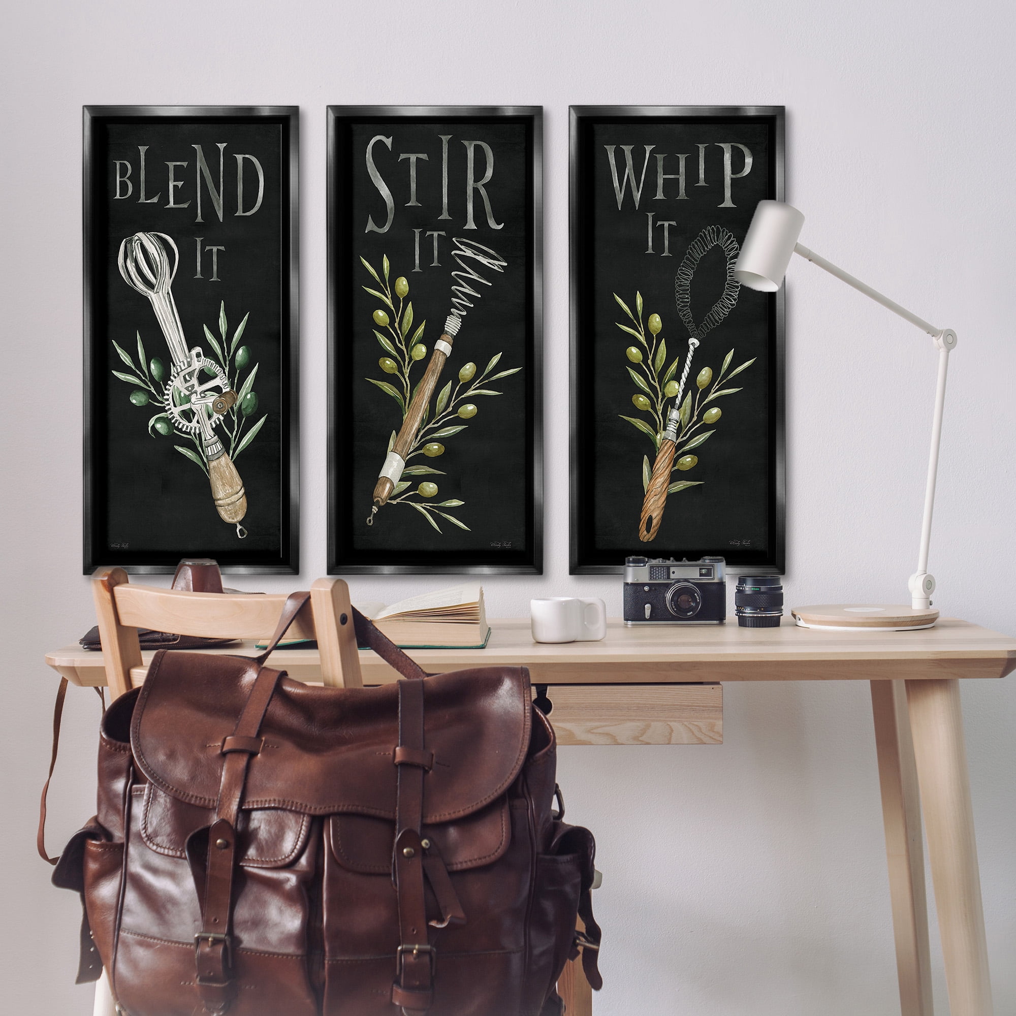 Stupell Industries Kitchen Utensils & Phrases Botanical & Floral Painting Black Floater Framed Canvas Art Print Wall Art, 14 x 31, Set of 3