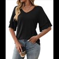 thumbnail image 1 of Camisetas Elegantes de Cuello en V para Mujer, de Doble Capa, con Mangas Acampanadas y Volantes de 3/4, Color Negro, Talla XL, 1 of 8