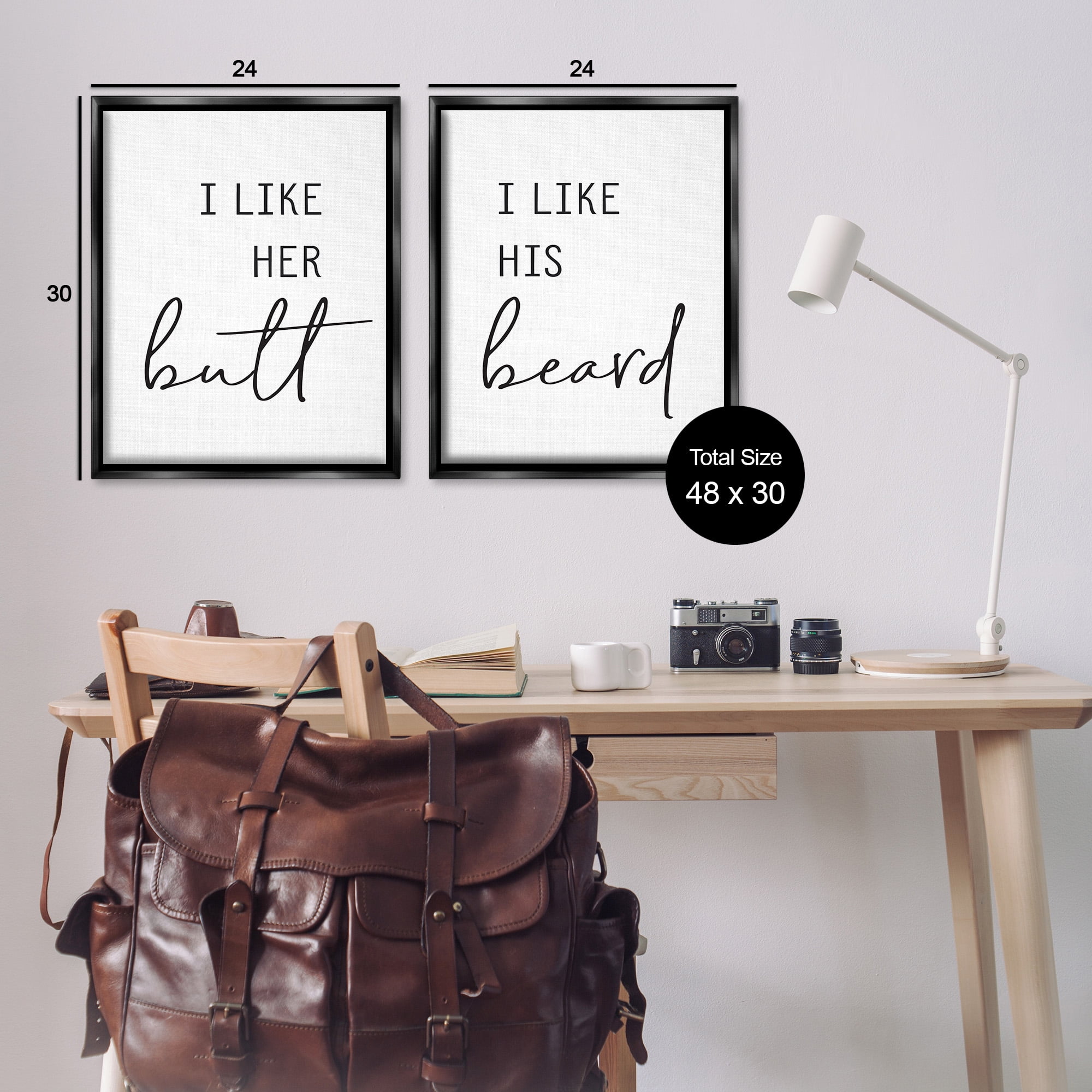 Stupell Industries Her Butt His Beard Funny Romantic Typography Painting Black Floater Framed Canvas Art Print Wall Art, 25 x 31, Set of 2