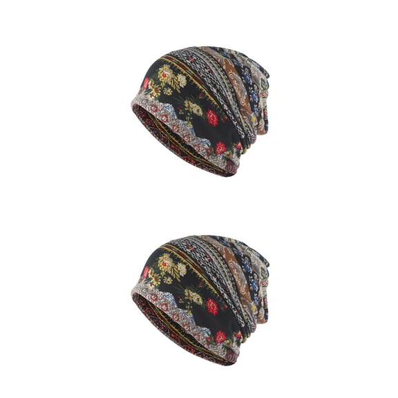 Gorro Beanie Qarigey Pre-Atado Hijab turbante Ajustable Estiramiento Moda negro floral 2Conjunto