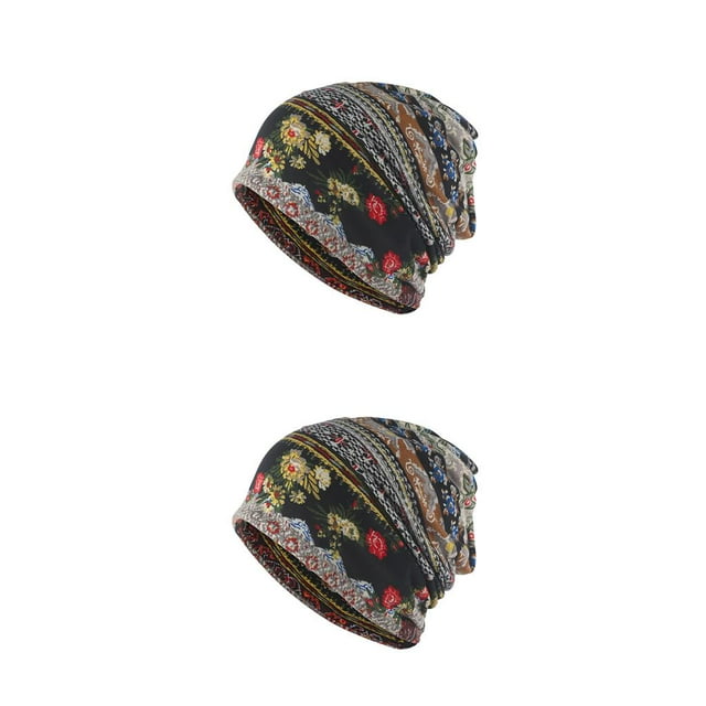 Gorro Beanie Qarigey Pre-Atado Hijab turbante Ajustable Estiramiento Moda negro floral 2Conjunto